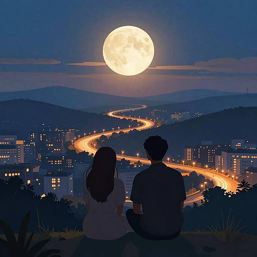 Digital illustration: Silhouetted couple sitting on hill, back to viewer, gazes at bright full moon over illuminated cityscape with winding roads.