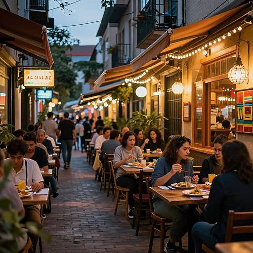 Photograph of a bustling, narrow, European street restaurant at dusk, with warm string lights, patrons dining at wooden tables, and a cozy, lively