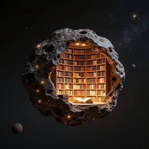 Photorealistic CGI of a rocky, asteroid-like planet with a hollow interior housing a glowing, grid-like library of illuminated books, floating in a dark