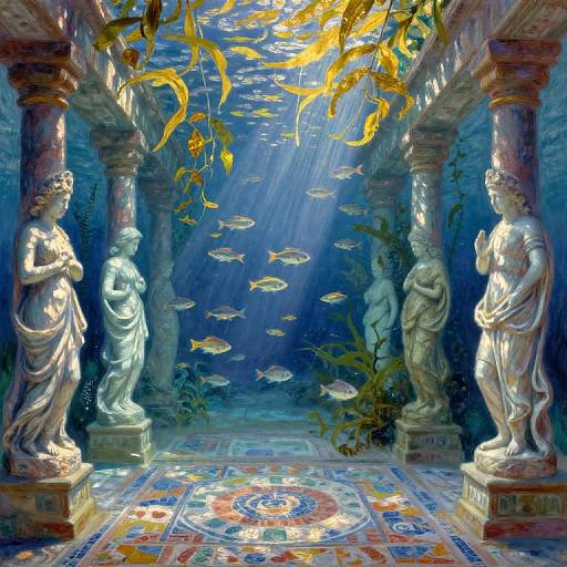 Digital painting of a sunlit underwater room with four classical marble statues, surrounded by golden fish, and vibrant tiled floor.