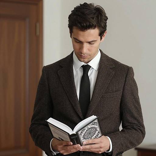 Focused Man in Tweed Suit with Book