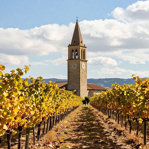 Sunlit Clock Tower Over Vineyards