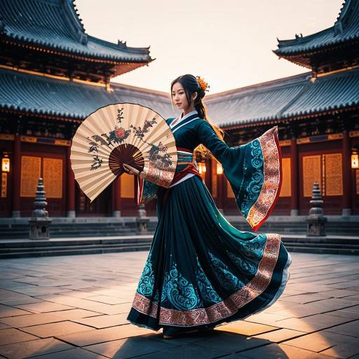 Elegant dancer in traditional attire with ornate fan