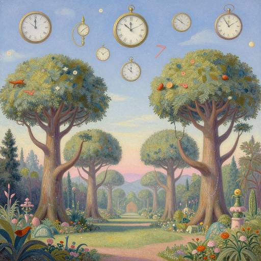 Whimsical garden painting: Tall trees with clocks in their canopies, surrounded by vibrant flowers, a path, and sunset sky.