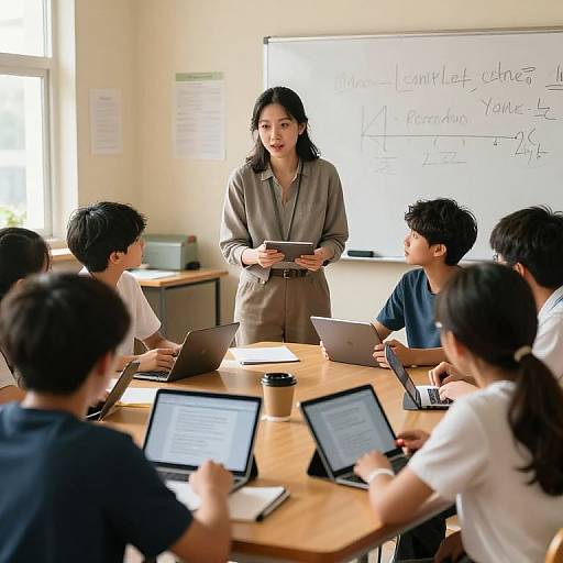 Photograph of an Asian female teacher with long black hair, wearing a beige blazer, standing at a wooden table in a classroom, lecturing six