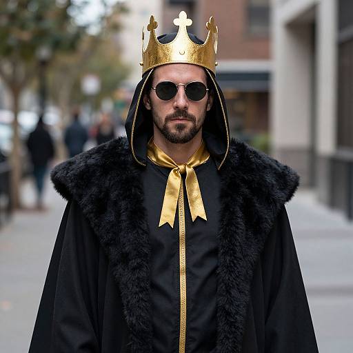 Photograph of a bearded man in a black fur robe, gold crown, and round sunglasses, standing on a city street.
