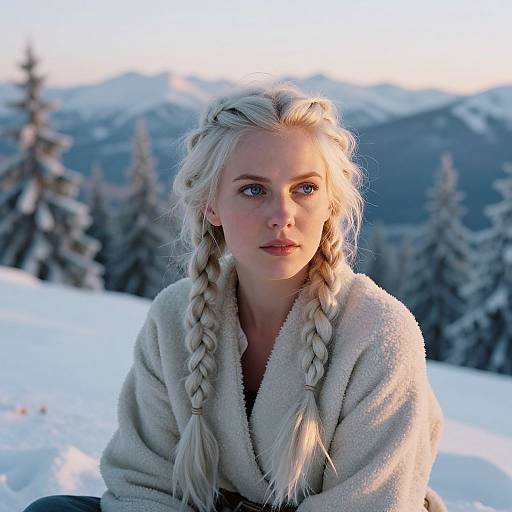 Photograph of a blonde woman with braided hair, wearing a fluffy white coat, sitting in a snowy forest with snow-covered mountains and pine trees in