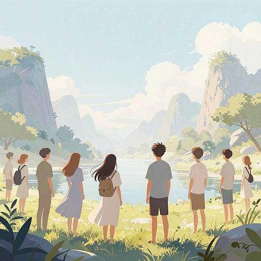Group of Young People by Tranquil River Landscape