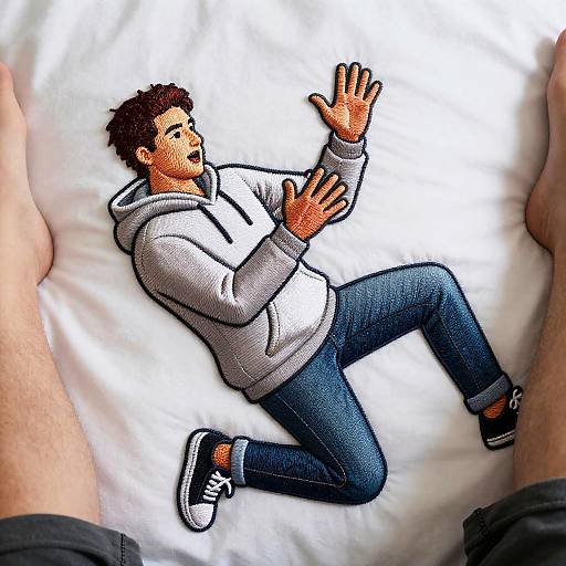 Digital cartoon of a surprised man in a gray hoodie and blue jeans, lying on a white bed, hands raised, viewed from above by two legs.
