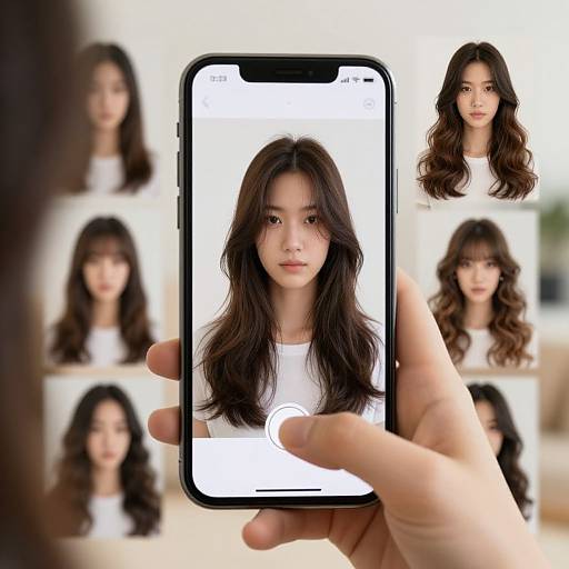 Photograph of a hand holding a smartphone displaying a front-facing portrait of a young Asian woman with long, wavy brown hair, wearing a white top