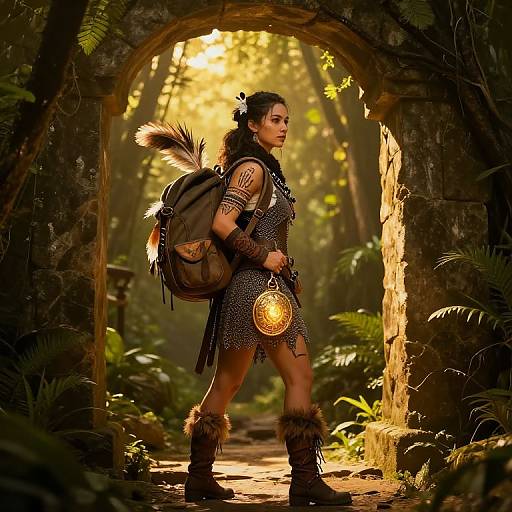 Photograph-style digital art of a tattooed, dark-haired woman in tribal attire with fur boots, backpack, and lantern, walking through a sunlit