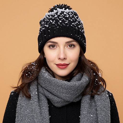Photograph of a fair-skinned woman with brown hair, wearing a black knit hat with snowflakes, gray scarf, and black coat, against