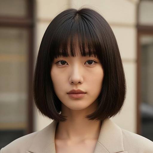 Photograph of an East Asian woman with a straight, black bob haircut, light skin, and neutral expression, wearing a beige coat, set against a
