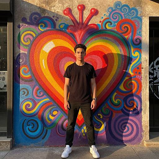Photograph of a young man in a black t-shirt and jeans, standing in front of a vibrant, colorful, heart-shaped graffiti mural with swirling patterns