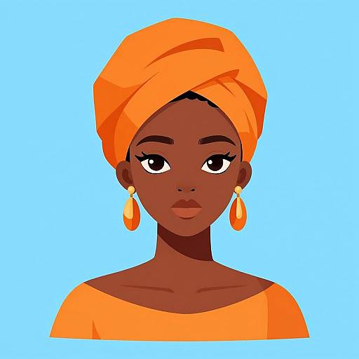 Digital illustration of a dark-skinned woman with bright orange headwrap, matching orange earrings and top, against a light blue background.