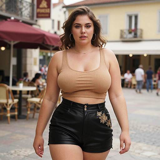 Photograph of a curvy, light-skinned woman with wavy brown hair, wearing a beige ribbed crop top and black high-waist