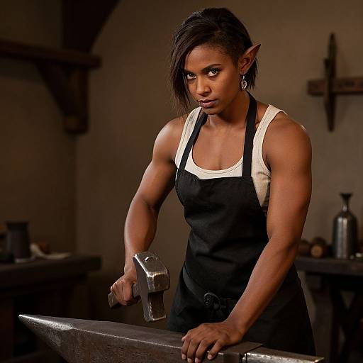 Photograph of a muscular, dark-skinned elven blacksmith with pointed ears, wearing a black apron over a white tank top, gripping a