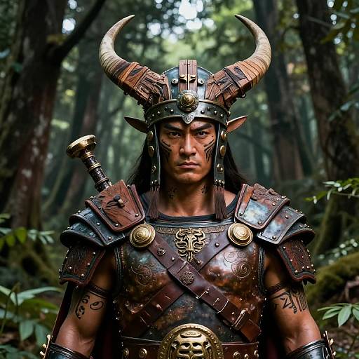 Digital fantasy artwork of a muscular, dark-skinned warrior with large horns, wearing ornate, dark brown armor in a dense forest.