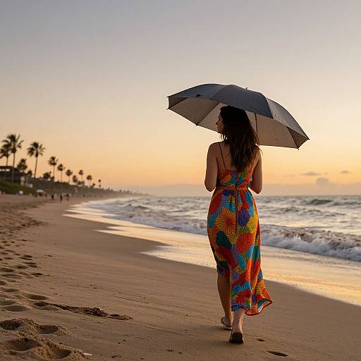 Photograph of a woman with long brown hair in a colorful, patterned sundress, holding a black umbrella, walking on a sandy beach at sunset