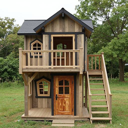 Photograph of a wooden treehouse with black trim, two-story design, wooden staircase, and small balcony, set in a grassy, wooded area