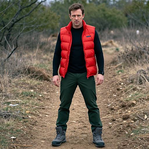 Photograph of a man standing on a dirt path in a wooded area, wearing a red puffy vest, black long-sleeve shirt, green