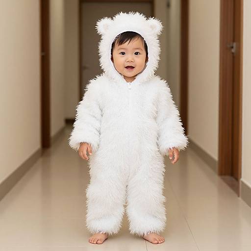Photograph of an Asian baby in a fluffy white bear costume, standing in a bright hallway with wooden doors.