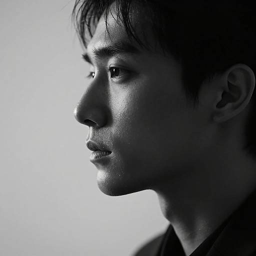 Black-and-white photograph of an Asian man in profile, illuminated from the side, highlighting his serious expression and smooth skin.