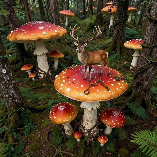 Photograph of a forest with large red-orange mushrooms with white spots, a majestic deer with antlers standing on a mushroom, surrounded by ferns and