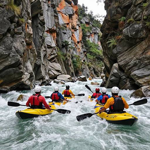 Photograph of five kayakers in yellow kayaks, wearing helmets and colorful jackets, navigating turbulent white water through a narrow, rocky canyon with steep,