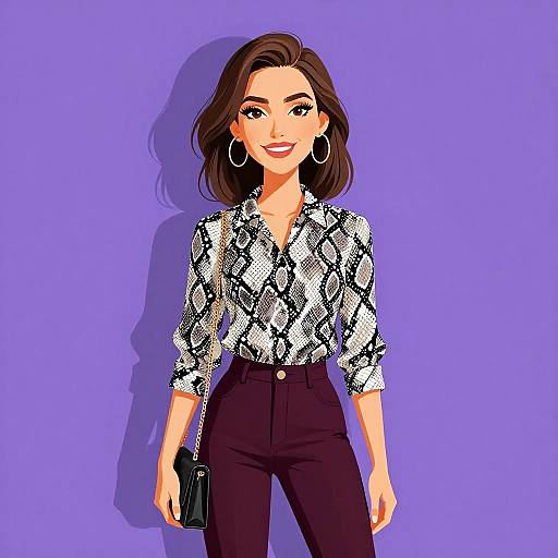 Digital illustration of a smiling woman with brown hair, wearing a snake-print blouse, high-waisted black pants, hoop earrings, and holding a black