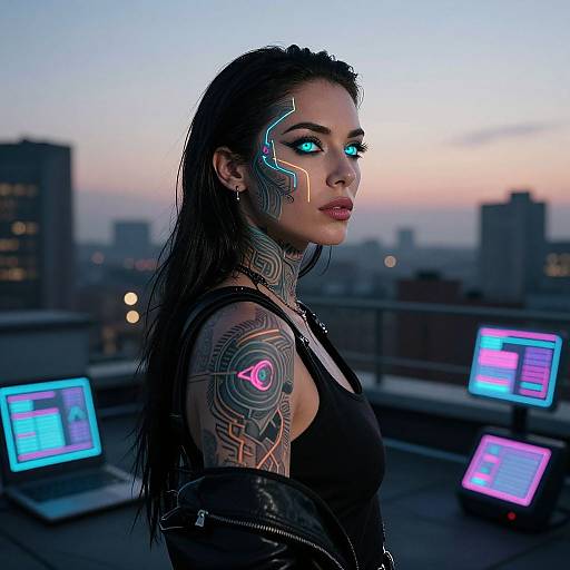 Cyberpunk Female Detective with Neon Tattoos