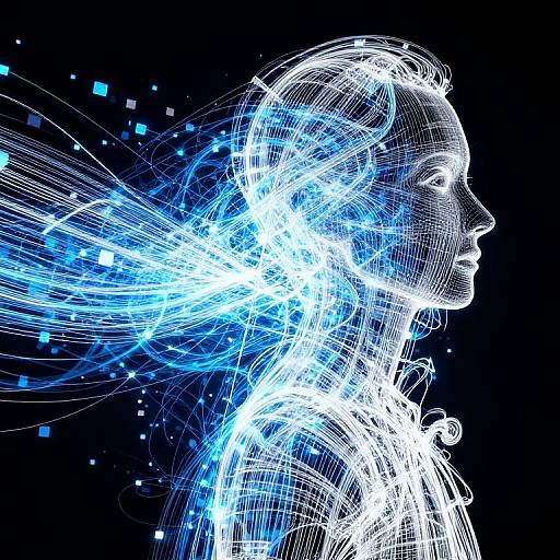Digital art of a white-wireframe human profile with glowing blue lines and squares, set against a black background, evoking a futuristic, cybernet