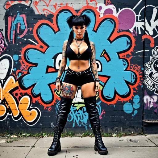 Punk Woman with Tattoos and Thigh-High Boots in Urban Graffiti Setting