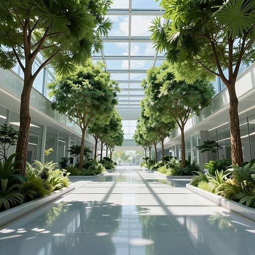 Digital rendering of a modern, sunlit atrium with reflective floor, tall green trees, and lush plants lining both sides.