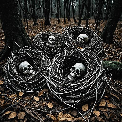 Skulls in Bird Nests in Dark Forest