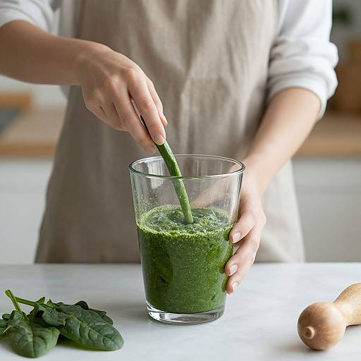 Photograph of a person blending green spinach in a clear glass, wearing a white shirt and gray apron, with fresh spinach leaves and a garlic bulb