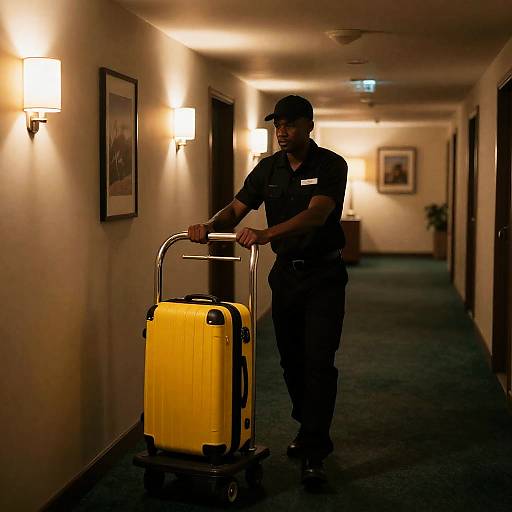 Hotel Hallway with Luggage and Attendant