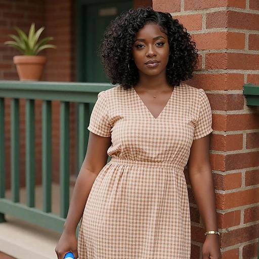 Woman in Checkered Dress Against Brick