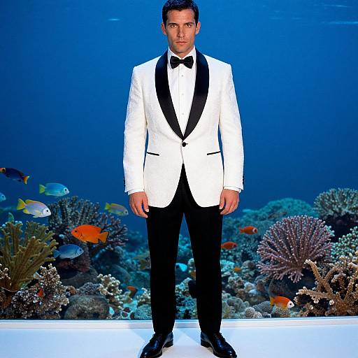 Photograph of a man in a white tuxedo with black lapels and bowtie, standing in front of a colorful underwater coral reef backdrop,