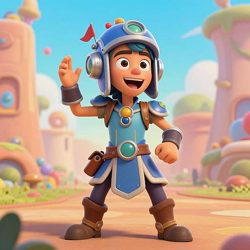 CGI cartoon boy in blue adventurer outfit with helmet, waving, in colorful fantasy landscape with pastel towers and blue sky.
