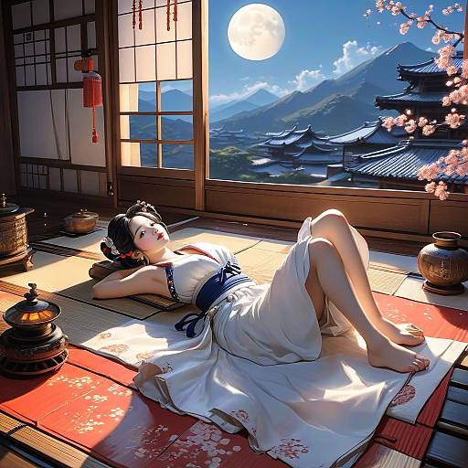 Anime-style drawing of a Japanese woman with black hair, white kimono, lying on floor mats in sunlit room, viewing moonlit mountains and traditional