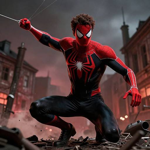 Photorealistic CGI of Spider-Man in red and black suit, crouching on rubble, web-slinging, in a dark, stormy