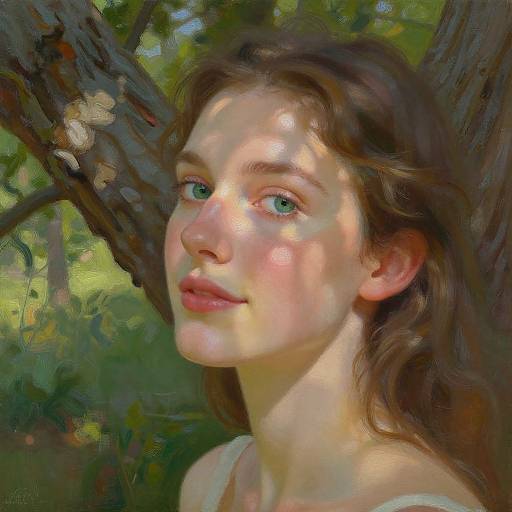 Digital painting of a young woman with fair skin, green eyes, and brown wavy hair, standing in a sunlit forest, dappled light