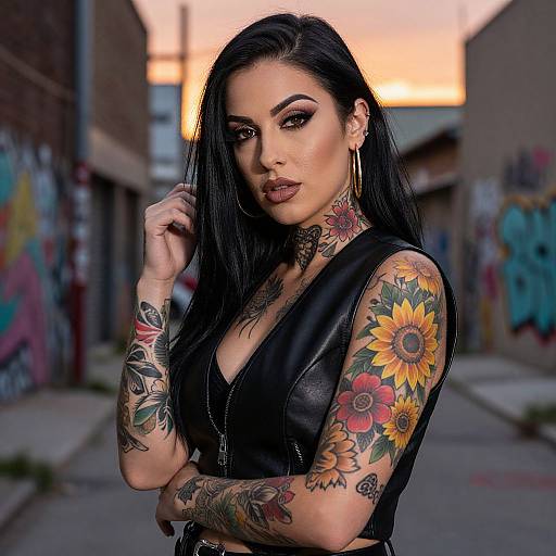 Photograph of a tattooed woman with black hair, wearing a black leather vest, standing in a graffiti-laden alley at sunset.
