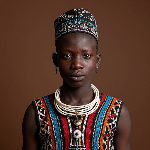 Photograph of an African woman with dark skin, wearing a patterned headwrap, colorful beaded dress, multiple white necklaces, and hoop earrings