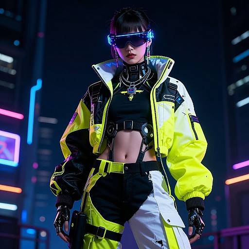 Cyberpunk-style photograph: Woman with short black hair, neon yellow jacket, black crop top, fingerless gloves, virtual reality headset, urban neon