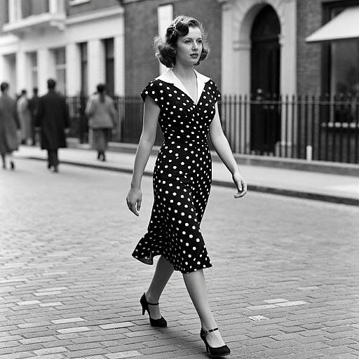 Black-and-white photograph of a 1940s-style woman in a polka dot dress, white collar, and high heels walking on a cobble