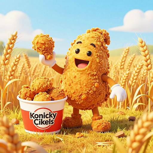 CGI image of a joyful, anthropomorphic, crumbly Knickerbocker Glory bear standing in a sunny wheat field, holding a scoop of