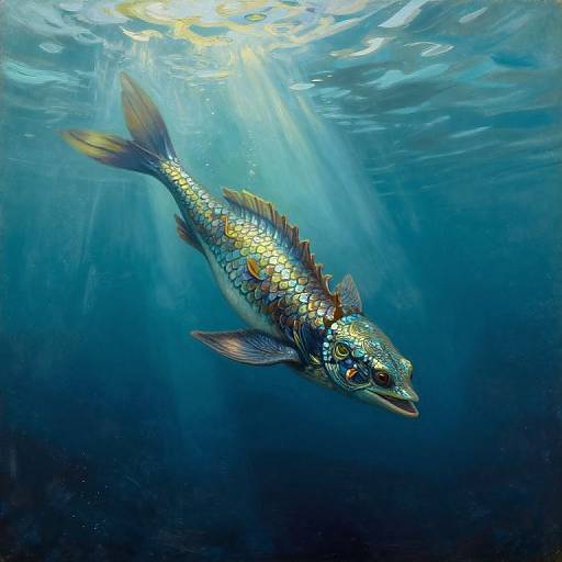 Photograph of a vibrant, iridescent fish with yellow and blue scales, floating in deep blue underwater sunlight, creating a glowing effect.
