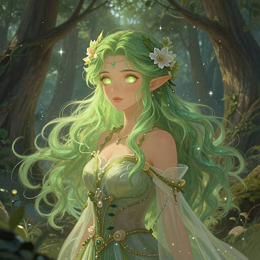 Digital fantasy artwork of a green-haired, glowing-eyed elven woman with white flower crown, adorned in intricate green and gold dress, in a sunlit